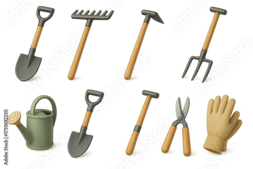 Gardening tools set with spades, rakes, and watering can for horticulture