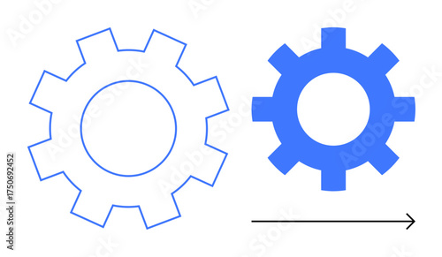Gear transitioning from outline to solid with forward arrow symbolizes progress, upgrades, innovation, and efficiency. Ideal for technology, growth, process improvement, engineering, strategy