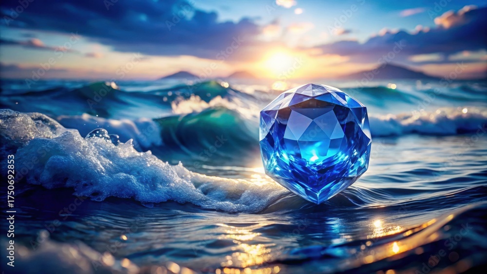 Fototapeta premium Radiant Blue Sapphire Hovering Above Ocean Waves at Sunset