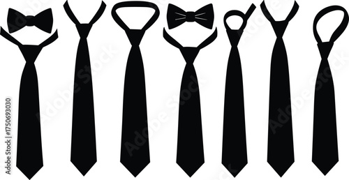 Black necktie and bow tie silhouettes, isolated formal wear icons, fashion accessory design, vector illustration set, clothing element, business style template