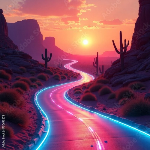 Winding desert road with neon lights at sunset highway