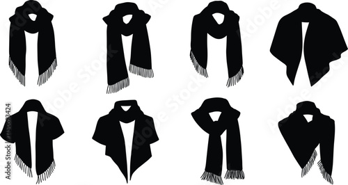 Black scarf silhouettes, isolated fashion accessory icons, winter clothing design, neckwear illustration set, stylish wrap collection, vector template, cozy outfit element