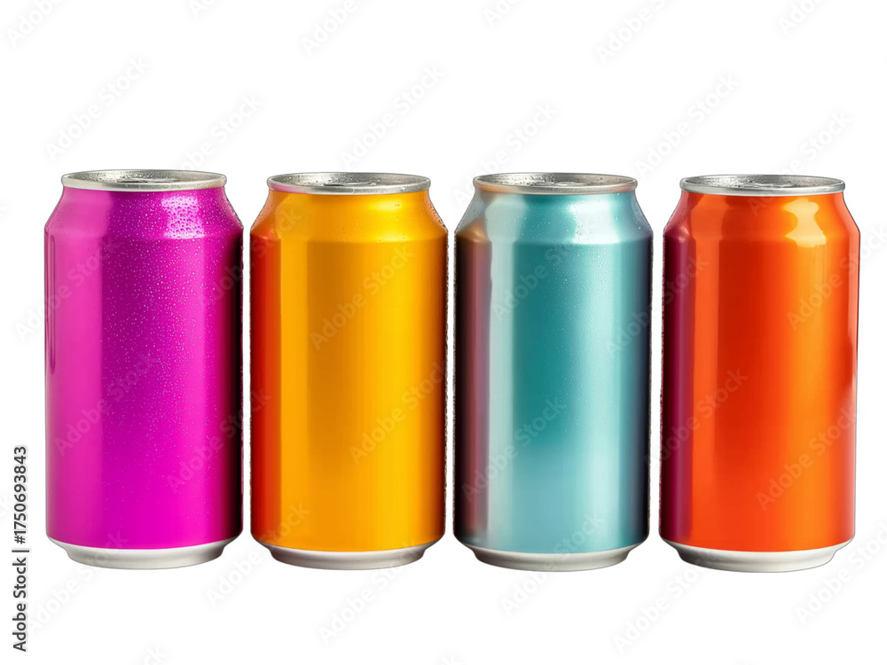 Fototapeta premium Four Colorful Soda Cans isolated on a transparent background
