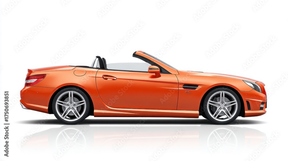 Obraz premium A bright orange convertible sports car with a sunroof. The car is parked on a white background