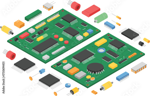 Cad drawing flat vector illustration, isometric PCB design, electronic circuit board, microchips, capacitors, resistors, components, engineering, schematic layout