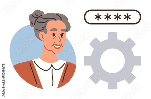 Elderly woman next to gear and password fields emphasizing online account security, privacy, or system configuration. Ideal for technology, login, identity, privacy, cybersecurity, elderly support