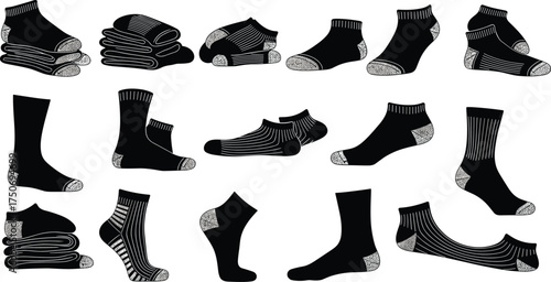 Black silhouette sock icons, footwear design symbols, ankle crew knee length illustrations, fashion clothing vector set, apparel accessory collection, textile