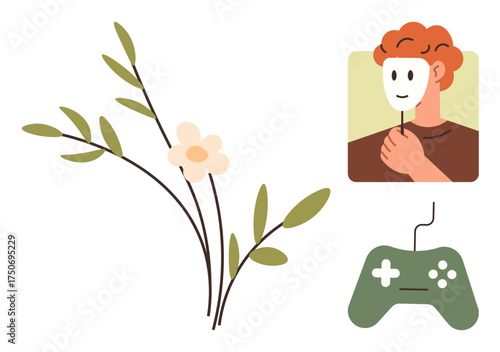 Individual holding a smiling mask, floral branches, and game controller reflect personal identity, creativity, emotions. Ideal for self-expression, gaming, psychology, balance mindfulness duality