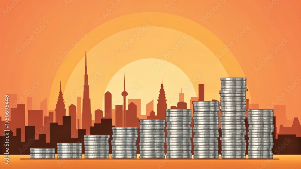 Obraz premium Stacked Silver Coins Forming Cityscape at Sunset in Vector Art