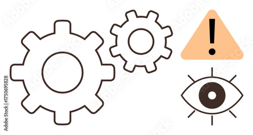 Gears for system process, eye symbol for monitoring, and triangle with exclamation for alert or caution. Ideal for technology, automation, maintenance, oversight, safety, troubleshooting simple flat