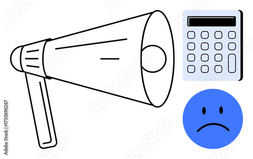 Megaphone represents broadcasting, calculator denotes calculation or finance, and sad face illustrates disappointment. Ideal for conflict resolution, decision-making, budgeting, leadership issues
