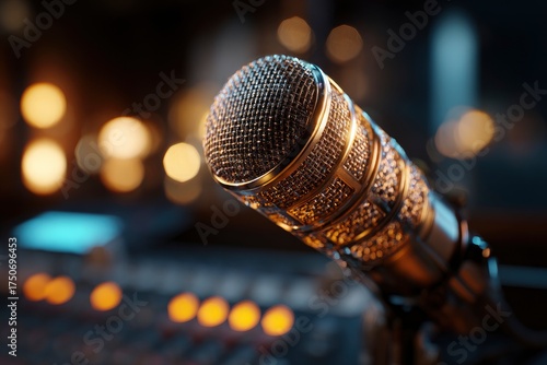 A gold microphone stands out against blurred bokeh lights and a mixing board in the background