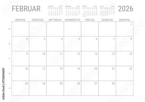 Monat Kalender Februar 2026 Monatskalender Kalenderblatt Kalendarium mit Kalenderwoche Planer DIN A4 Deutsch	