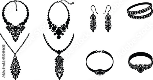 Elegant jewelry silhouette collection, necklace pendant, earrings, bracelet, choker, ring design, fashion accessory, luxury ornament, decorative vector illustration