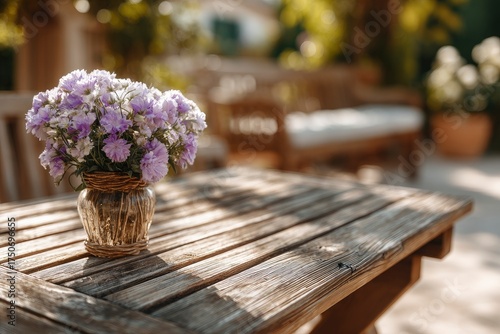 A glass vase of purple flowers sits on a weathered wooden table in an outdoor setting