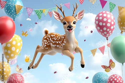 Joyful deer leaping among balloons at a festive celebration in a bright sky whimsical and cheerful environment