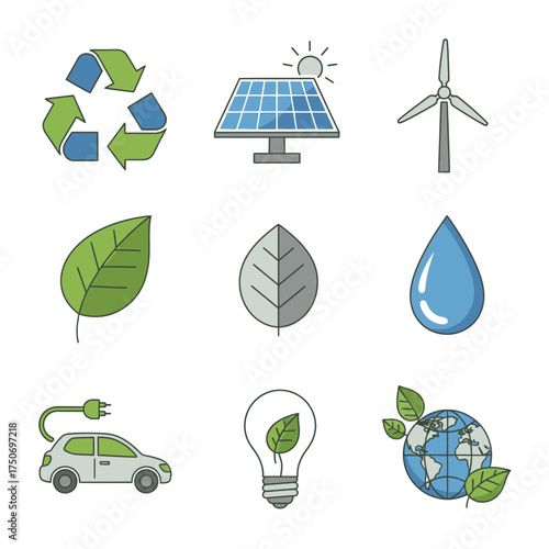 Set of nine colorful icons representing ecology, sustainability, and renewable energy sources.