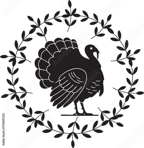 Turkey Silhouette in Laurel Wreath - Thanksgiving Emblem Vector