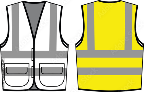 High visibility safety vest, reflective clothing design, construction workwear, protective gear, flat vector illustration, CAD drawing style, industrial uniform icon