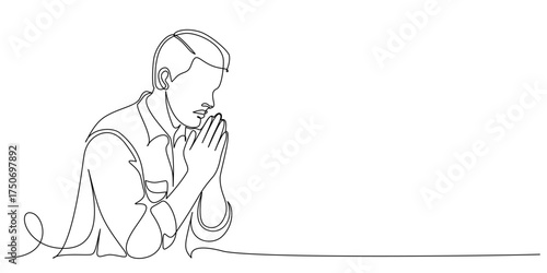 Simple line art style vector illustration of a man in praying
