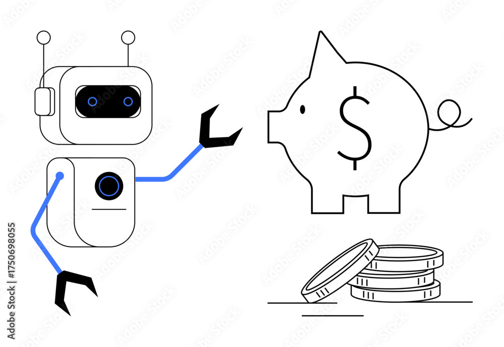 Fototapeta premium Robot reaching for a piggy bank with a dollar symbol, surrounded by stacked coins. Ideal for automation, savings, finance, investment, technology, innovation, efficiency simple flat metaphor