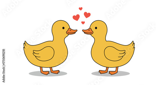 Two Cartoon Ducklings in Love with Red Hearts Above.