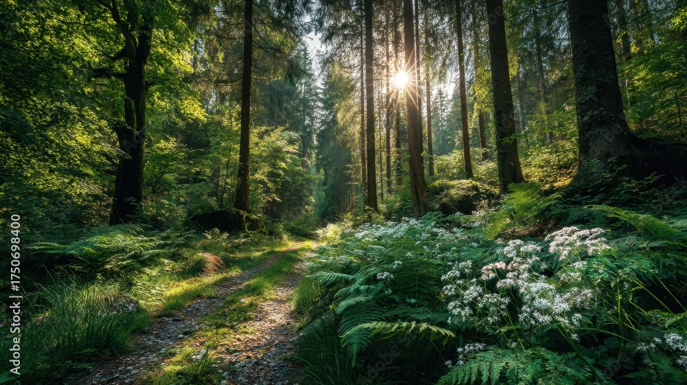 Fototapeta premium A forest path is lined with trees and wildflowers. The sun is shining through the trees, casting a warm glow on the path. The scene is peaceful and serene