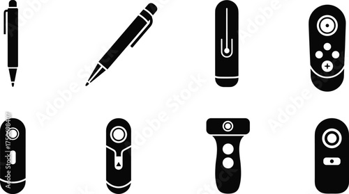 Remote, control, pen, icon, device, technology, electronic, gadget, button, symbol, black, white, silhouette, minimal, modern, isolated, collection, set, equipment, design, illustration