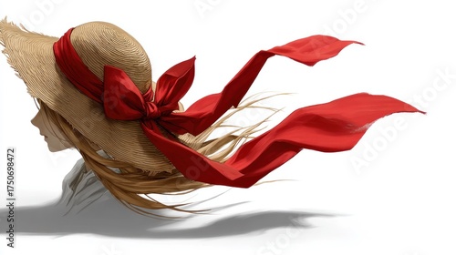 Woman's straw hat with red ribbon in wind