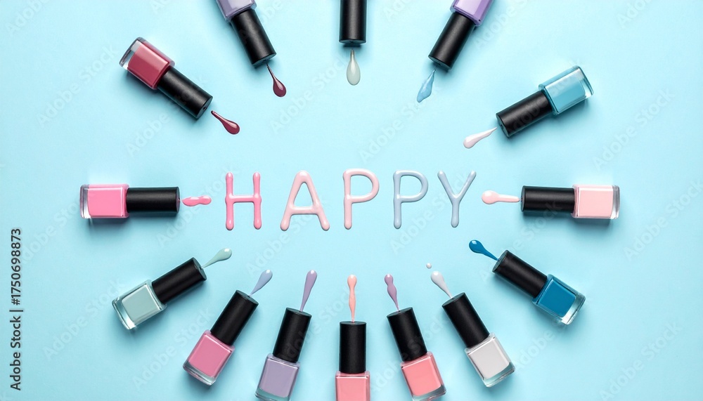 Obraz premium マットな背景に、いくつかのパステルカラーのネイルポリッシュボトルが散らばり、 中央には「Happy」の文字がネガティブスペースとして浮かび上がる構図。 こぼれたポリッシュが文字の輪郭をやさしく縁取り、柔らかい光に包まれた幸福感を演出します。