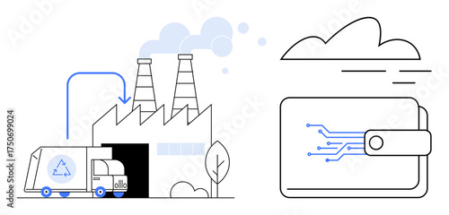 Factory emitting smoke, recycling truck unloading waste, cloud with digital wallet. Ideal for sustainability, recycling, eco-industry, cloud storage, digital innovation, green technology modern