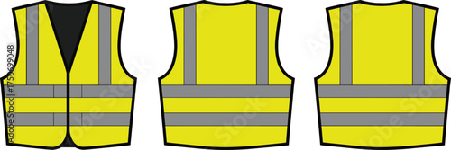 Three high visibility safety vests in bright yellow with reflective stripes, protective workwear clothing, front and back view, cad drawing flat vector illustration