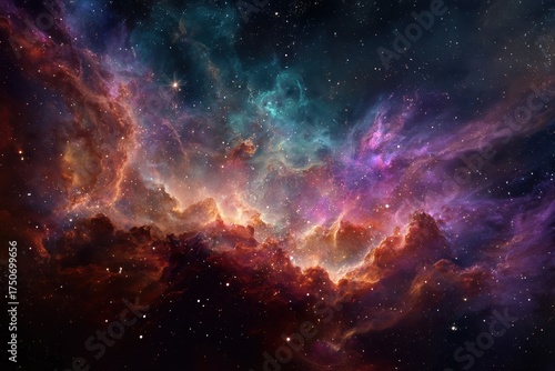 Stunning cosmic landscape with vibrant gas clouds in purple, blue, and orange hues, featuring twinkling stars for depth and allure, showcasing the universe's grandeur and mystery