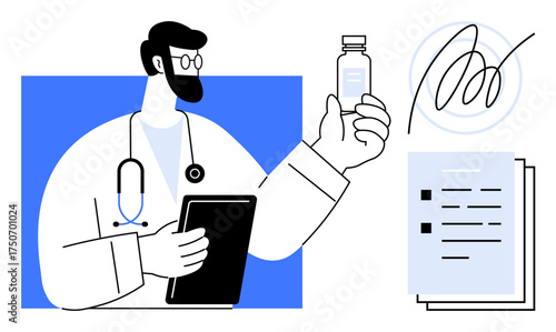 Doctor holding a vial and using a tablet, surrounded by a prescription, medical documents, and a signature. Ideal for healthcare, medicine, pharmacy, diagnostics, prescription telemedicine