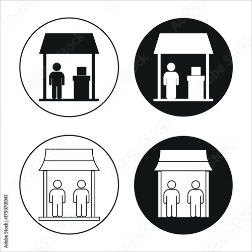 Set of four circular icons depicting market stalls with vendors and customers in black and white silhouette styles