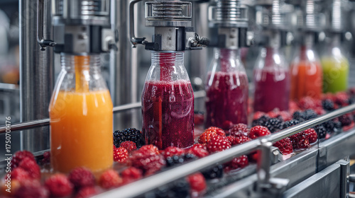 Bottles being filled with colorful juices on a conveyor belt surrounded by berries