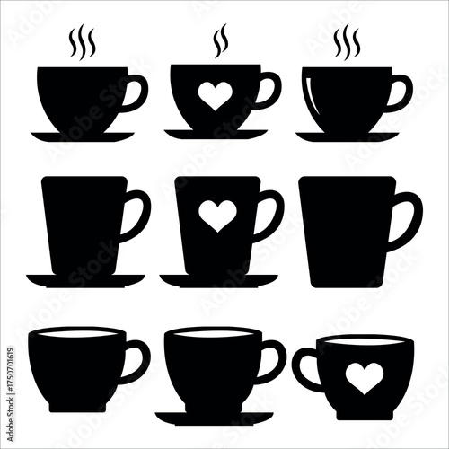 Collection of nine black silhouette coffee cups and saucers with steam and heart designs