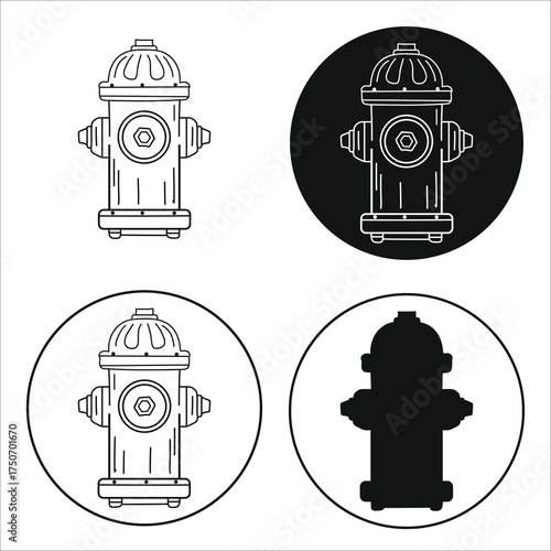 Set of four stylized fire hydrant illustrations in black and white and silhouette styles