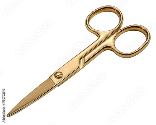Elegant golden embroidery scissors, shiny metallic craft tool for cutting. This sharp, isolated classic instrument for sewing and tailoring has luxurious feel