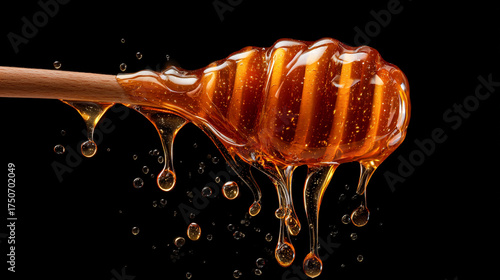 Close up of honey dripping from a wooden dipper against a dark black background