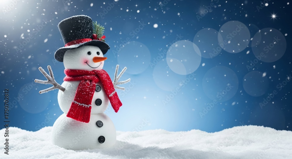 Fototapeta premium Cheerful Snowman in Fluffy Snow — Holiday Bokeh Background