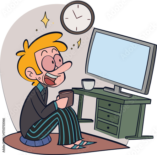 Man watching TV at night with coffee