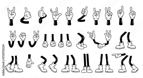 Collection of cartoon hand gestures and leg poses for character design and animation scalable vector illustration isolated on white background
