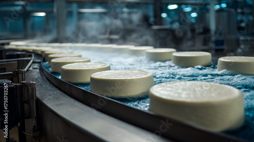 Cheese wheels moving along a conveyor belt in a factory production environment view