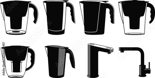 Water, filter, pitcher, purifier, dispenser, faucet, jug, container, clean, drinking, hydration, household, appliance, plastic, silhouette, isolated, collection, kitchen, equipment, design, 