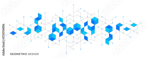 Abstract geometric 3D cube structure with connected lines and dots on white background