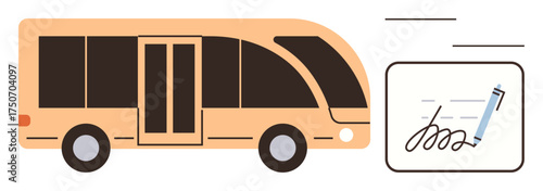 Public bus illustration alongside a signature form and pen. Ideal for public transport, ticketing, travel, booking, commuting, transportation services, logistics. Simple flat metaphor