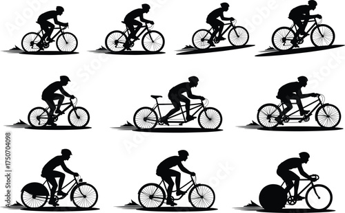 Bicycle Silhouette Vector Set Featuring Multiple Riding Styles, Bike Types, and Postures for Sports, Fitness, Animation, and Design Projects