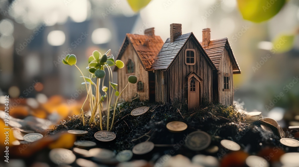 custom made wallpaper toronto digitalMiniature homes on coins, spring growth, autumn leaves, investment, property