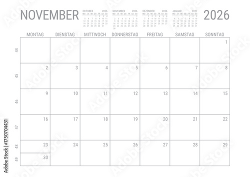 Monat Kalender November 2026 Monatskalender Kalenderblatt Kalendarium mit Kalenderwoche Planer DIN A4 Deutsch	